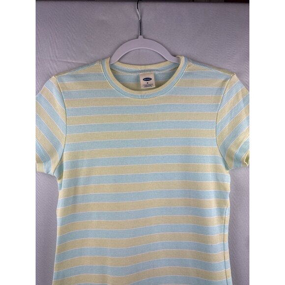 Old Navy Womens Medium Striped T-Shirt 100% Cotton Made In Peru Pastel Yellow & - Picture 1 of 4